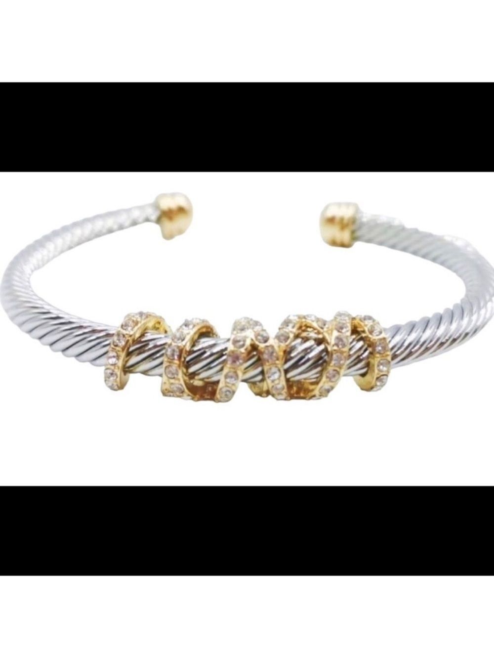 Isabella Twisting Cable Cord Cuff Bracelet Silver 14KT Gold Rhinestones